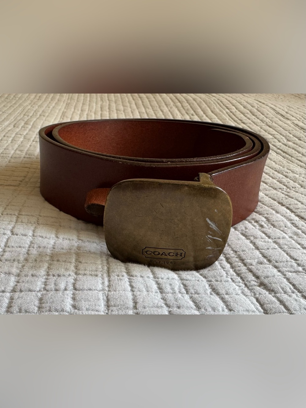 Coach Men's Brown Leather Belt with Brass Tone Buckle
